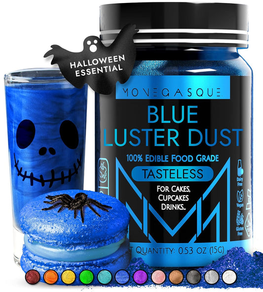 MONÉGASQUE Blue Edible Glitter for Drinks 15g – Halloween Edible Glitter for Cakes & Cocktails - Blue Luster Dust for Cocktail, Cake Decorating, & Food Spray - Strawberries & Drink Shimmer Decorations