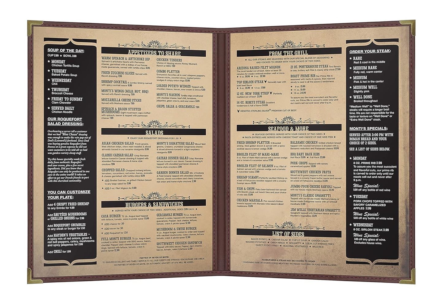Goodsmart Pajco Style Restaurant Menu Covers – Pack of 10, Side-Loading Menu Holders, Single Stitched Edge, Clear Vinyl Menu Sleeves, Leatherette Trim, Gold Corners, Burgundy, 2 View (8.5" x 11")