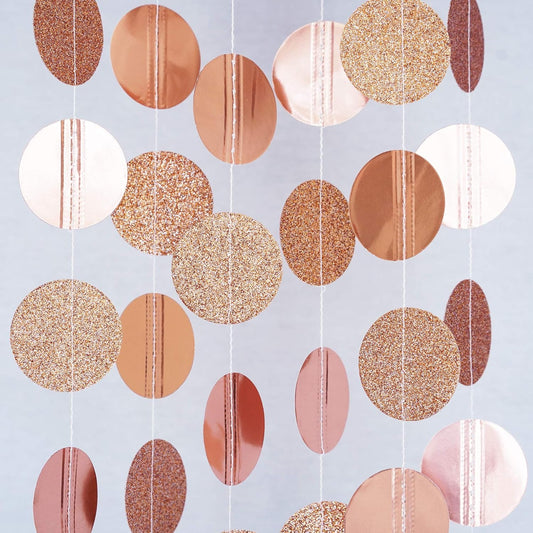 Circle Dots Paper Party Garland Streamer Backdrop (10 Feet Long) - Rose Gold Glitter
