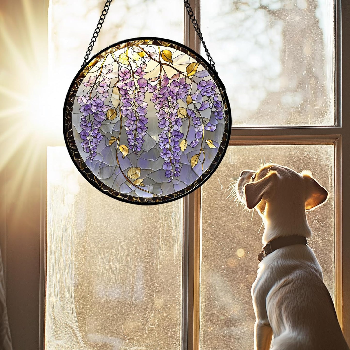 Stained Glass Window Hanging - Wisteria Flower Golden Leaves Sun Catcher for Door Home Decor Plant Suncatcher Christmas Mother's Day Birthday Gifts for Women Men Lovers Mom Nana 9.8 in