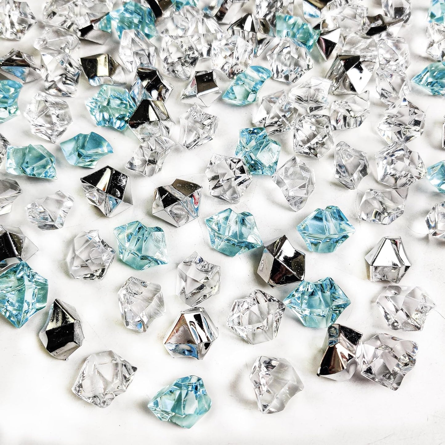HappyFiller 14 OZ Fake Ice Rocks Cubes Acrylic Gems Stones for Winter Decorations,Christmas Vase Fillers,Wedding Table Scatters,Crafts,Home Centerpieces,Clear,Sea Blue,Silver Mix