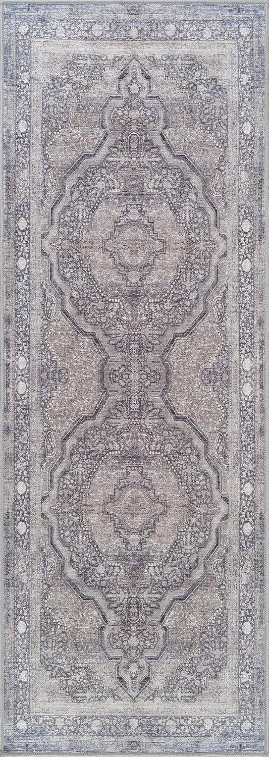 Bloom Rugs Washable Non-Slip 10 ft Runner - Blue/Steel Gray/Beige Traditional Medallion Runner for Entryway, Hallway, Bathroom, and Kitchen - Exact Size: 2.5' x 10'