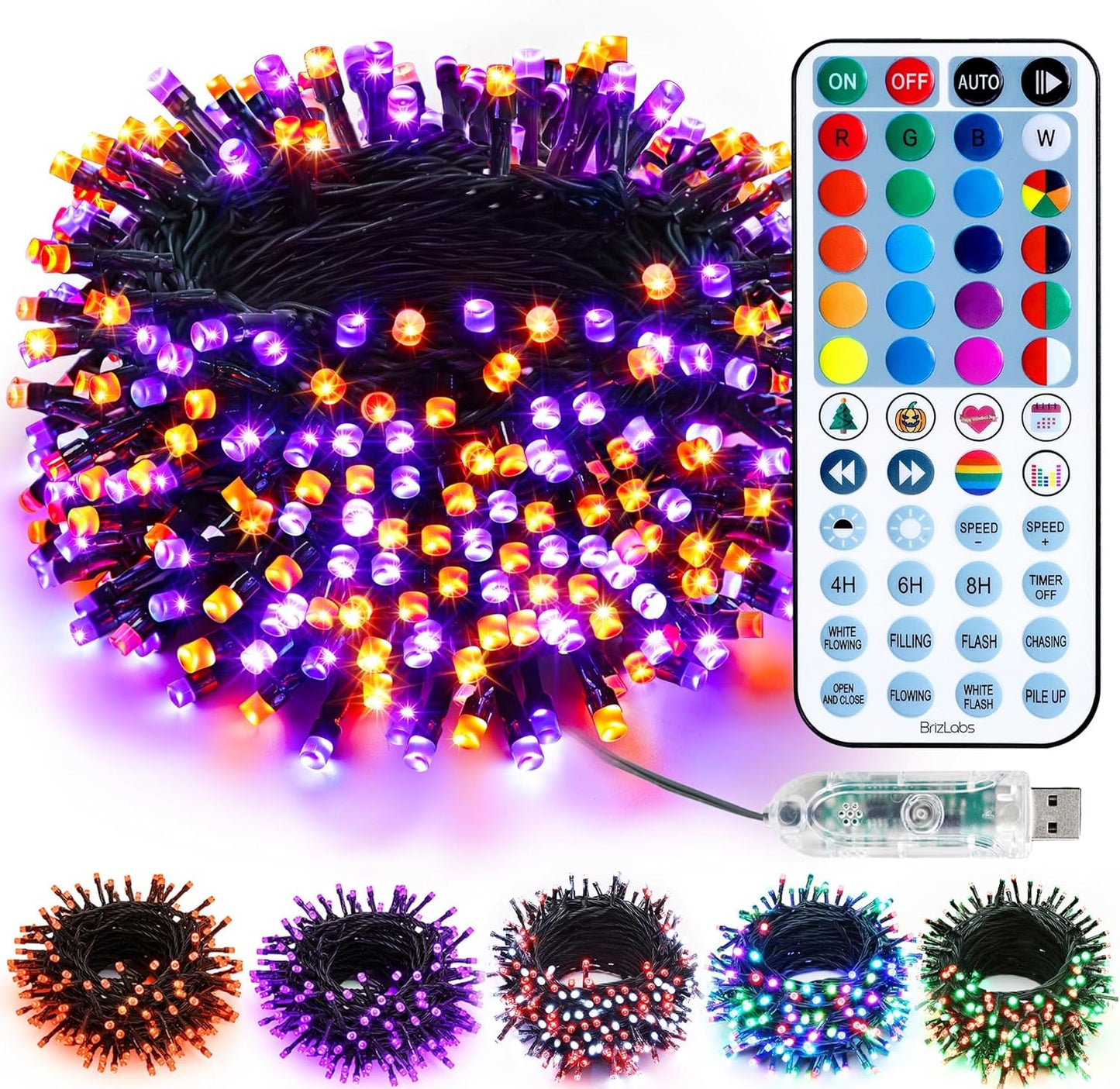 BrizLabs Halloween Lights, 33FT 100 LED RGB Color Changing String Lights with Remote, Dimmable Mini Christmas Light, USB Decorative Light String for Xmas Halloween Mardi Gras Tree Holidays Party Decor