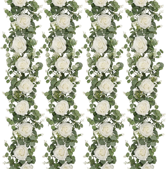 Dolicer 4Pcs 26Ft Artificial Eucalyptus Garlands with Flowers - 8 Roses, Faux Floral Greenery Garlands Fake Flowers Vines for Wedding Table Centerpieces Arch Party Ceremony Backdrop Decor (White)