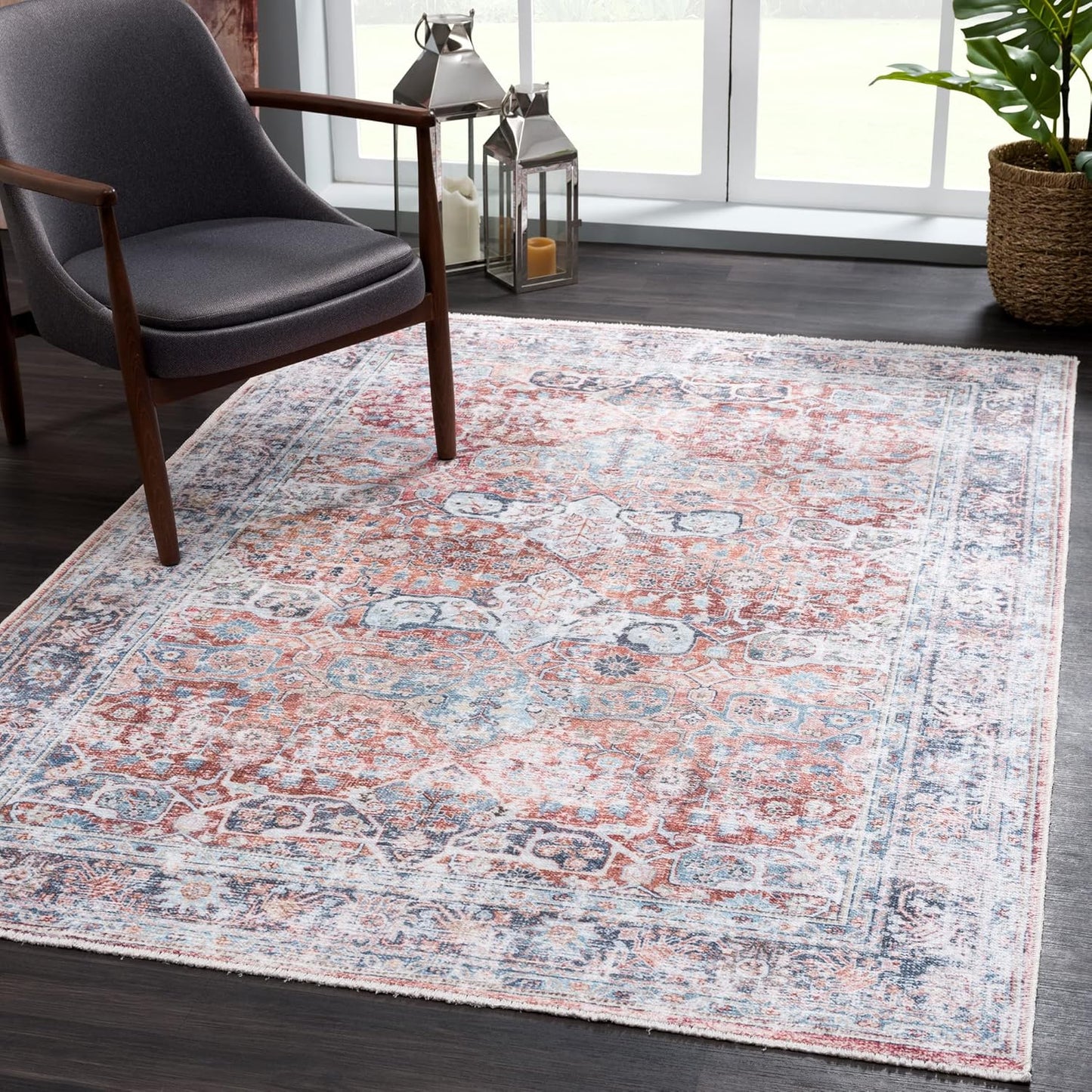 Bloom Rugs Caria Washable Non-Slip 9x12 Rug - Brick/Dark Blue Traditional Area Rug for Living Room, Bedroom, Dining Room, and Kitchen - Exact Size: 9' x 12'