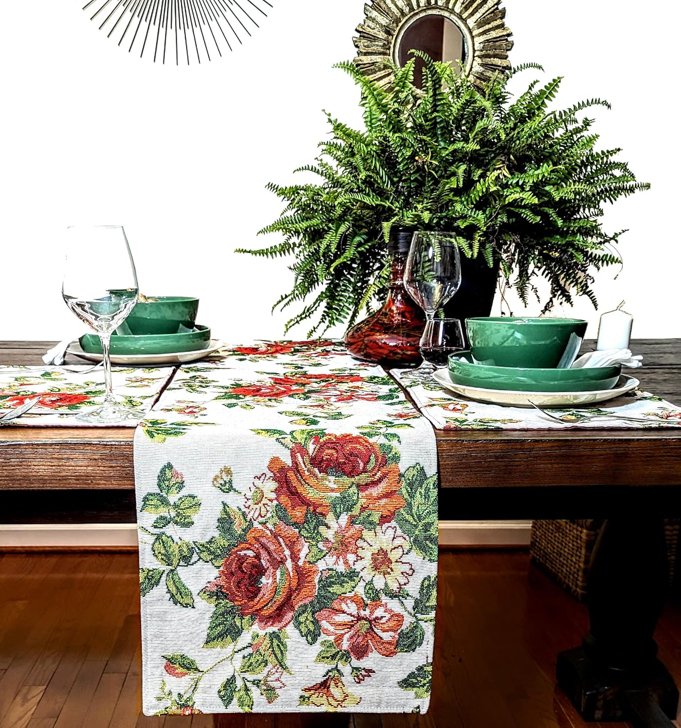 Tache Sweet Roses Spring Summer Flower Traditional French Country Vintage White Red Floral Decorative Woven Tapestry Long Kitchen Dining Table Runners, 13 x 90