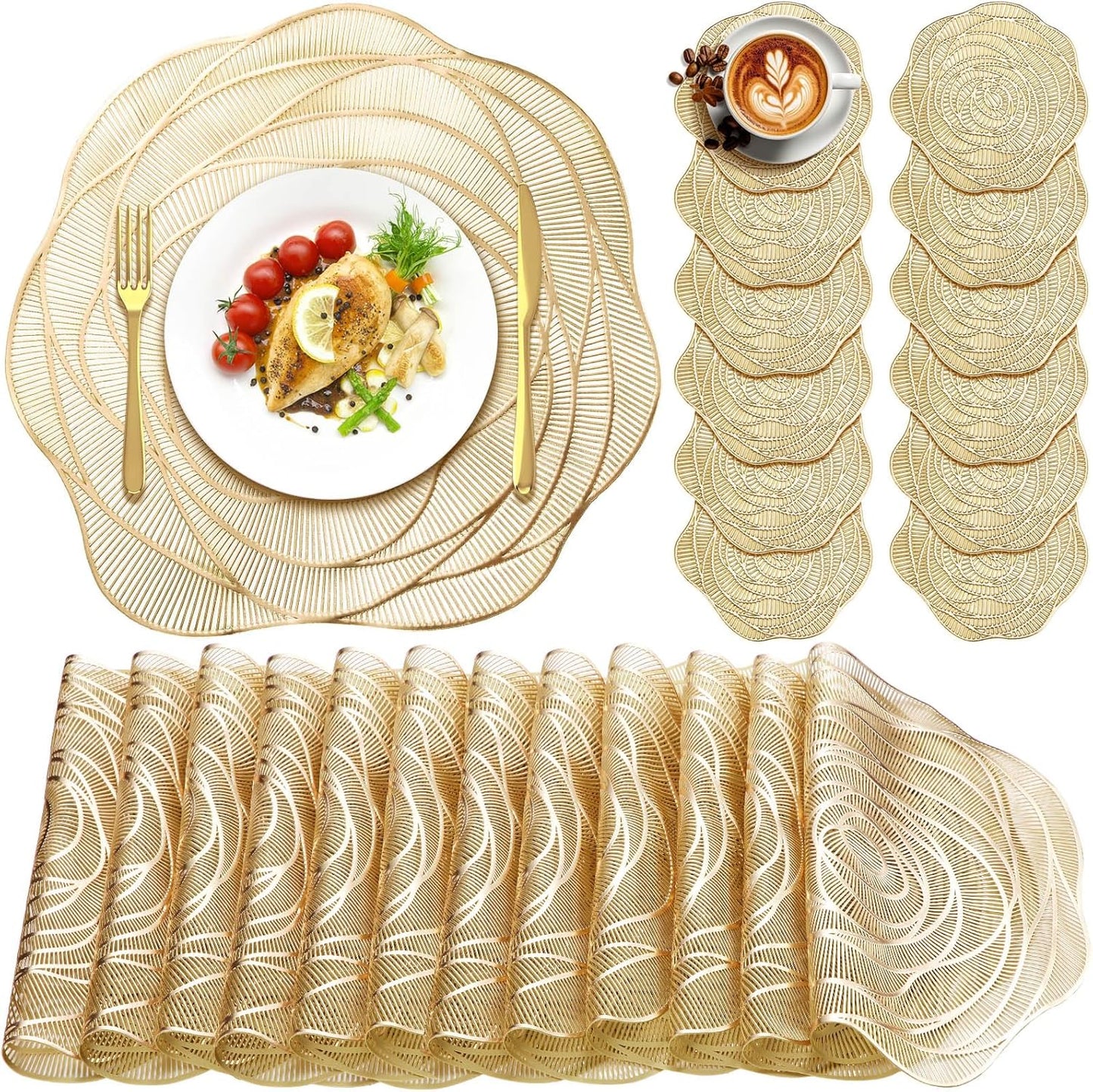 Sieral 12 Set 15 Inch Round Pressed Vinyl Placemats Hollow Out Rose Placemat Set Metallic Slip Resistant Place Mat Coaster Including Place Mats and Coasters for Wedding Dining Kitchen (Gold)