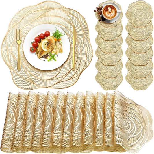 Sieral 12 Set 15 Inch Round Pressed Vinyl Placemats Hollow Out Rose Placemat Set Metallic Slip Resistant Place Mat Coaster Including Place Mats and Coasters for Wedding Dining Kitchen (Gold)