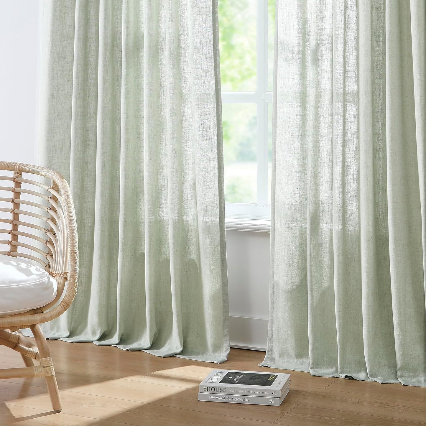Vision Home Pinch Pleated Semi Sheer Curtains Textured Linen Blended Light Filtering Window Curtains 90 inch for Living Room Bedroom Pinch Pleat Drapes with Hooks 2 Panels 40" Wx90 L,Soft Green