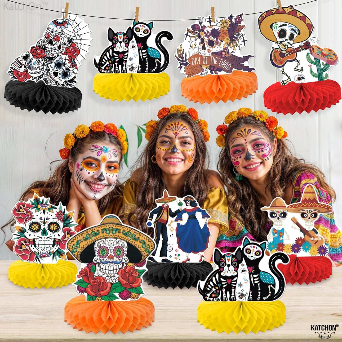 KatchOn, Day of The Dead Centerpieces - Pack of 12 | Halloween Centerpieces, Day of The Dead Decorations | Halloween Honeycomb, Day of The Dead Halloween Decorations | Dia De Los Muertos Decorations