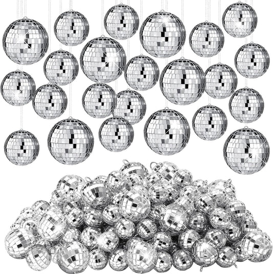 Funtery 100 Pcs Mirror Disco Balls Bulk Assorted Silver Hanging Disco Ball Decor for Home Wedding Birthday Dance Music 70 S Theme Party Christmas Tree Ornaments(1.2'', 2'')