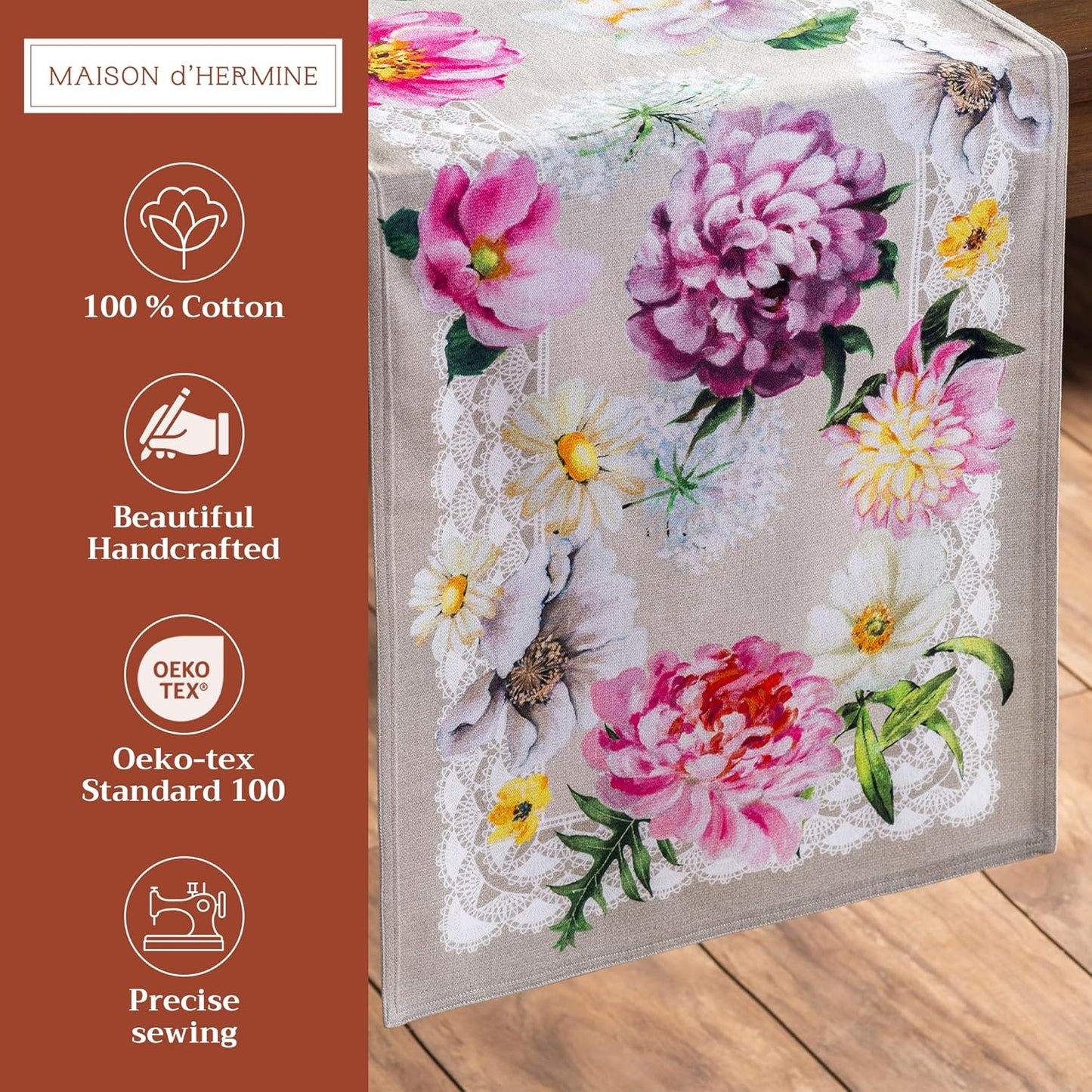 Maison d' Hermine Table Runner 100% Cotton Double Layer Table Runners 108 inches Long Decorative for Home Kitchen Dining Party Baby Shower Wedding Bridal Shower Spring Summer (Pivoine, 14.50" x 108")