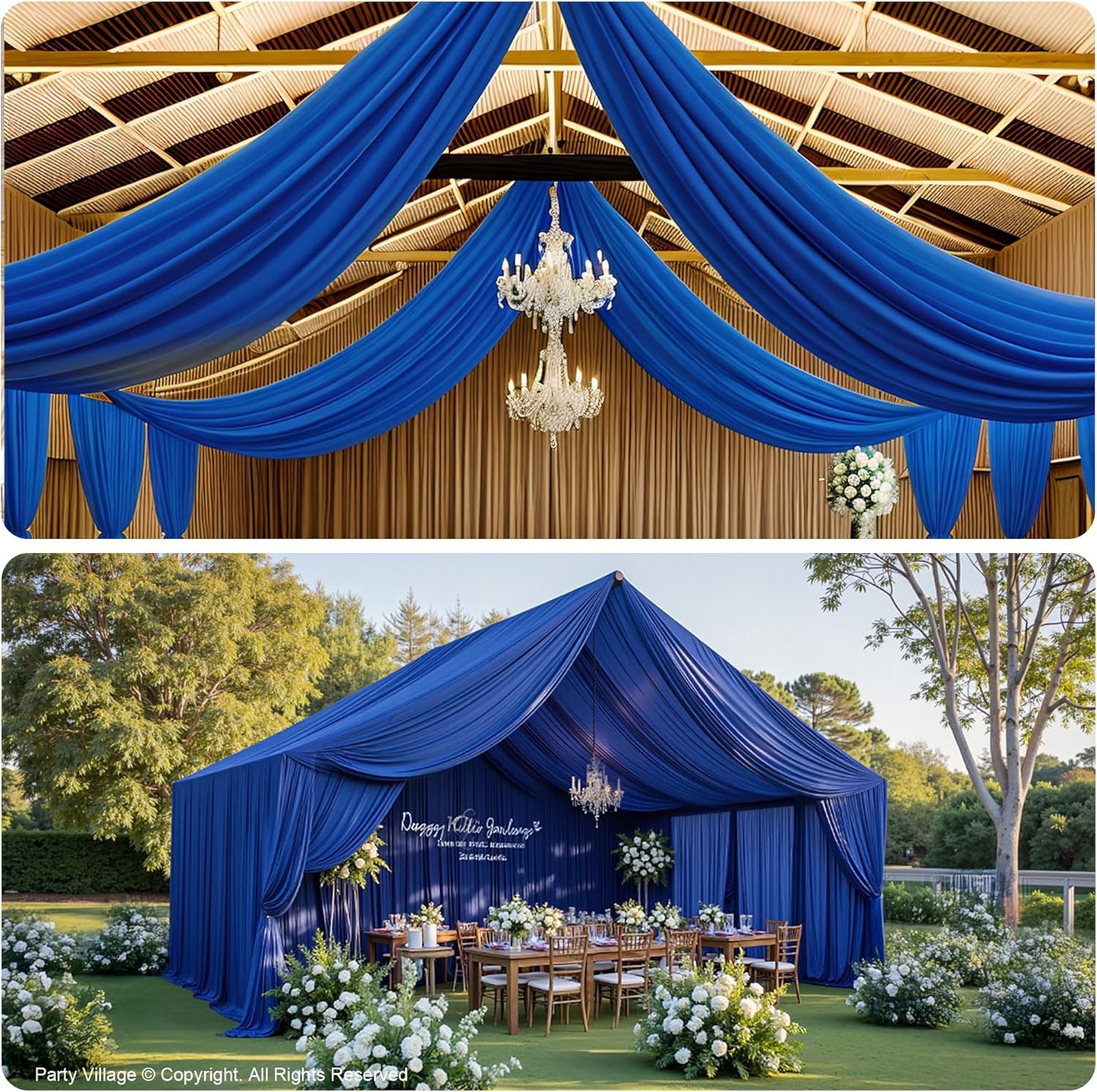 PartyVillage 20ftx40ft Royal Blue Ceiling Curtain for Wedding Parties – 4 Panels Wrinkle-Free 40 FT Long Tent Draping Curtains for Wedding, Birthday & Theme Parties, 40ft Height with Rod Pocket
