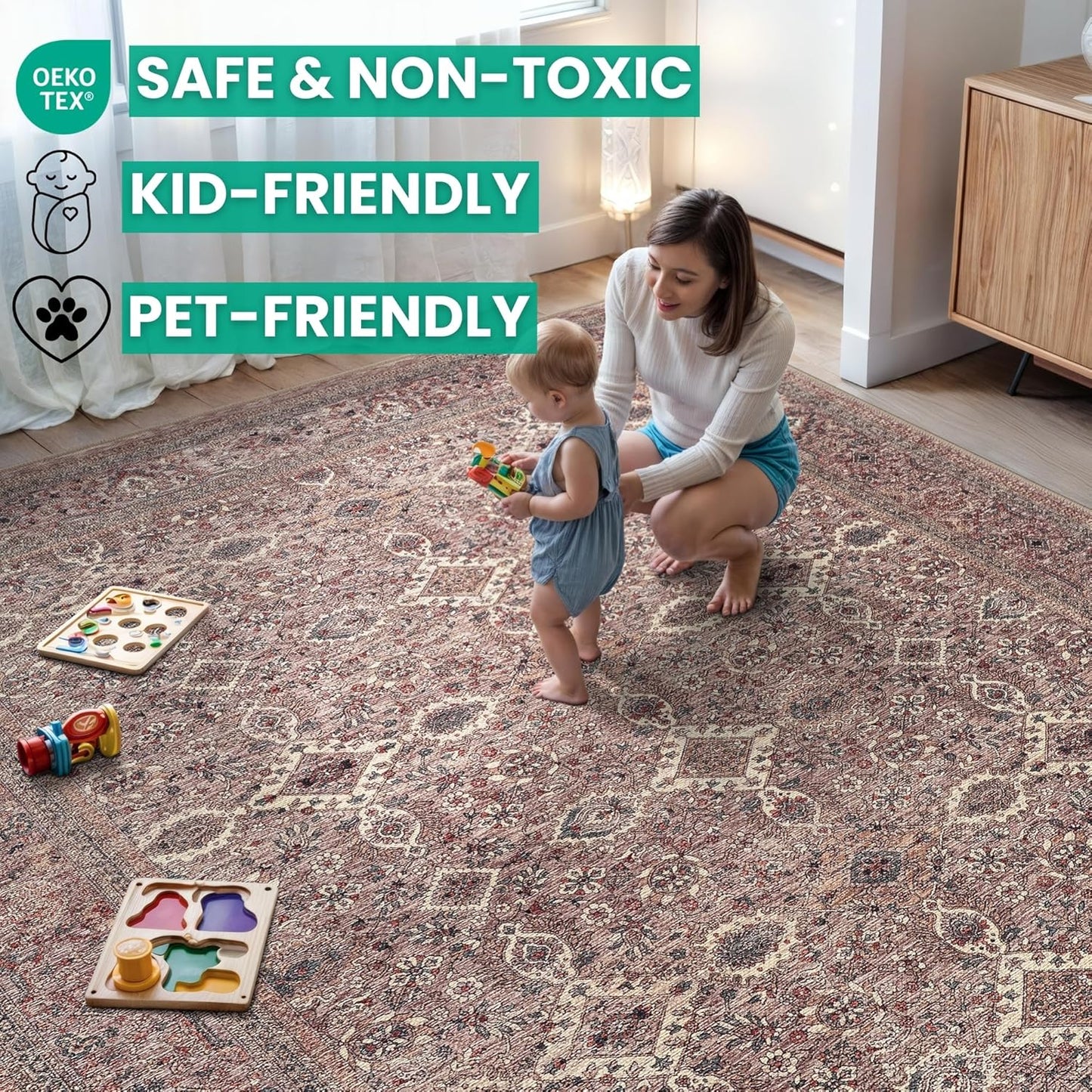 Bloom Rugs Washable Non-Slip 3' x 5' Rug - Beige Traditional Bordered Area Rug for Living Room, Bedroom, Dining Room, and Kitchen - Exact Size: 3' x 5'