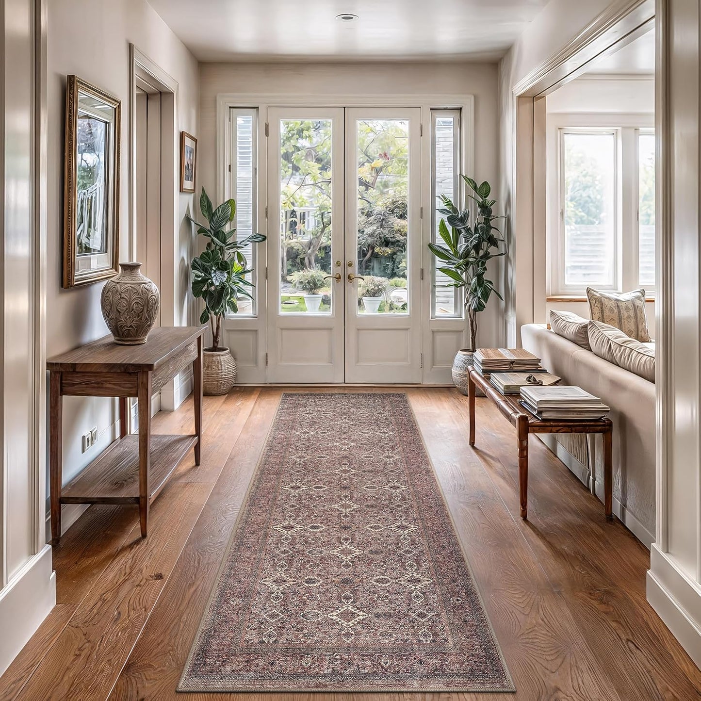 Bloom Rugs Washable Non-Slip 7 ft Runner - Beige Traditional Bordered Runner for Entryway, Hallway, Bathroom, and Kitchen - Exact Size: 2.5' x 7'