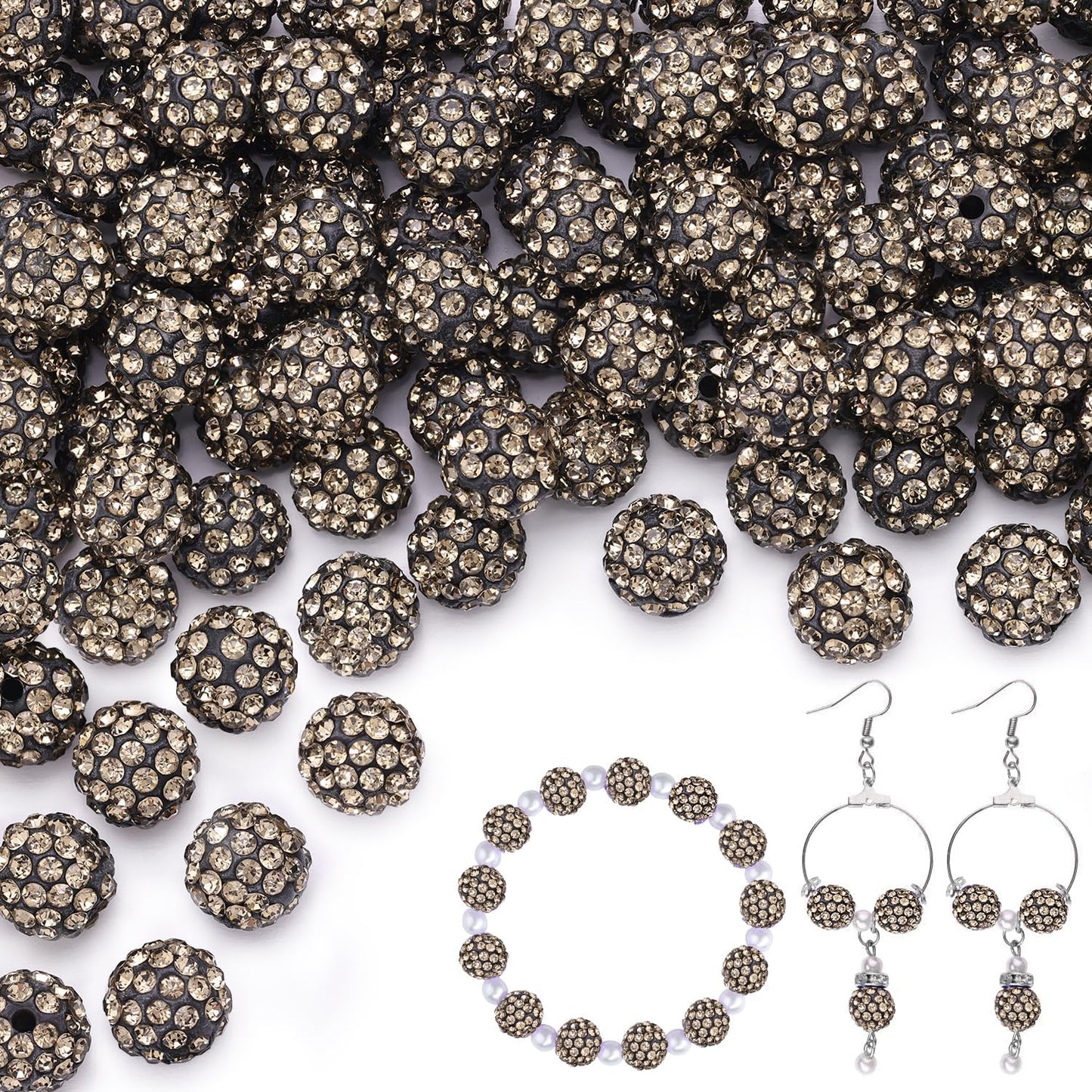 100pcs 10mm Rhinestone Beads for Jewelry Making, Gray Shiny Round Shamballa Disco Ball Beads Bulk, Sparkle Crystal Clay Christmas for Bracelet Baseball Necklace Earring Crafting and DIY