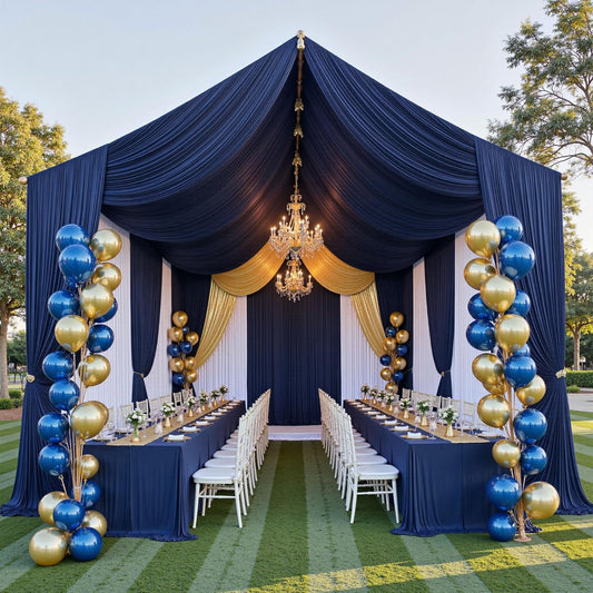 PartyVillage 10ftx40ft Navy Blue Ceiling Curtain for Wedding Parties – 2 Panels Wrinkle-Free 40 FT Long Tent Draping Curtains for Wedding, Birthday & Theme Parties, 40ft Height with Rod Pocket