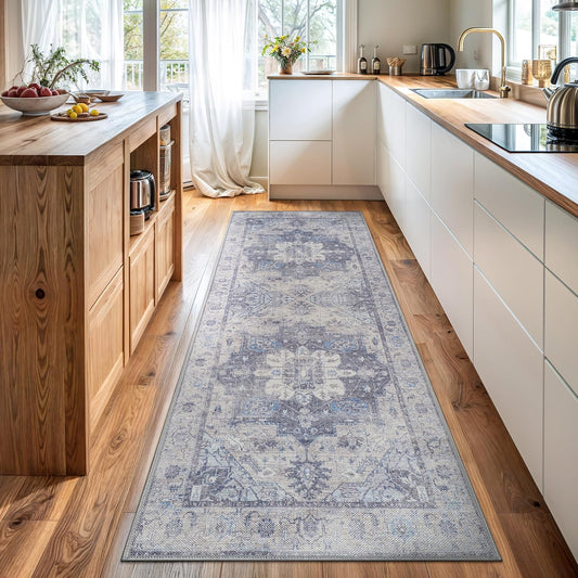 Bloom Rugs Washable Non-Slip 12 ft Runner - Blue/Sand Traditional Medallion Runner for Entryway, Hallway, Bathroom, and Kitchen - Exact Size: 2.5' x 12'