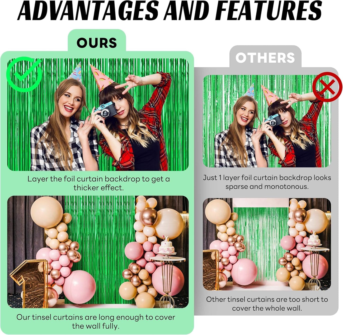 BTSD-home 10 Pack Green Foil Fringe Curtain, Metallic Photo Booth Backdrop Tinsel Door Curtains for St Patricks Day Birthday Bridal Baby Shower Bachelorette Christmas Party Decorations(8ft x 3ft)