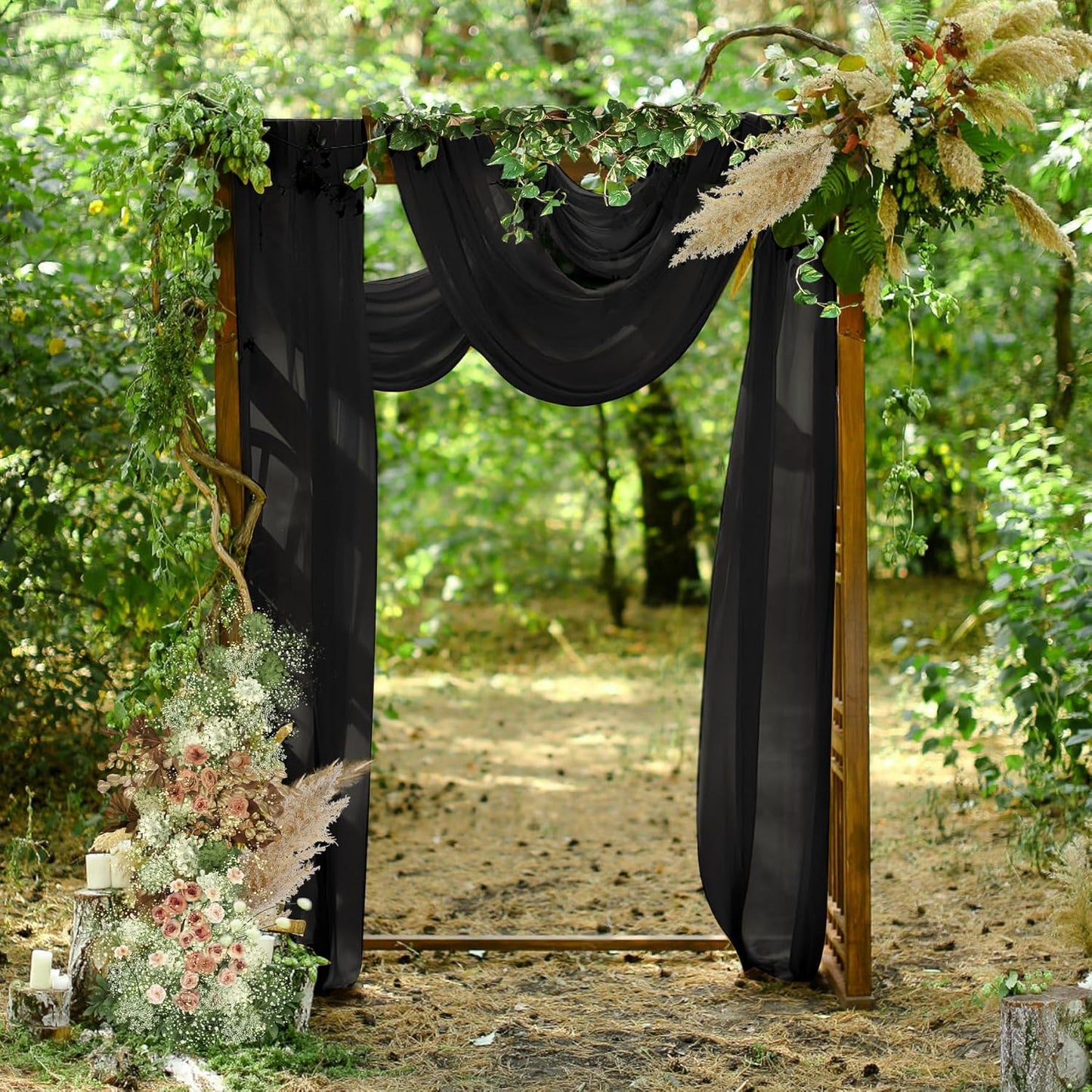 PARTISKY 10ftx7ft Black Chiffon Backdrop Curtains, Wrinkle-Free Sheer Fabric Photo Drapes for Wedding Ceremony Arch Birthday Baby Shower Photography Stage Decor 5ft x 7ft, 2 Panel