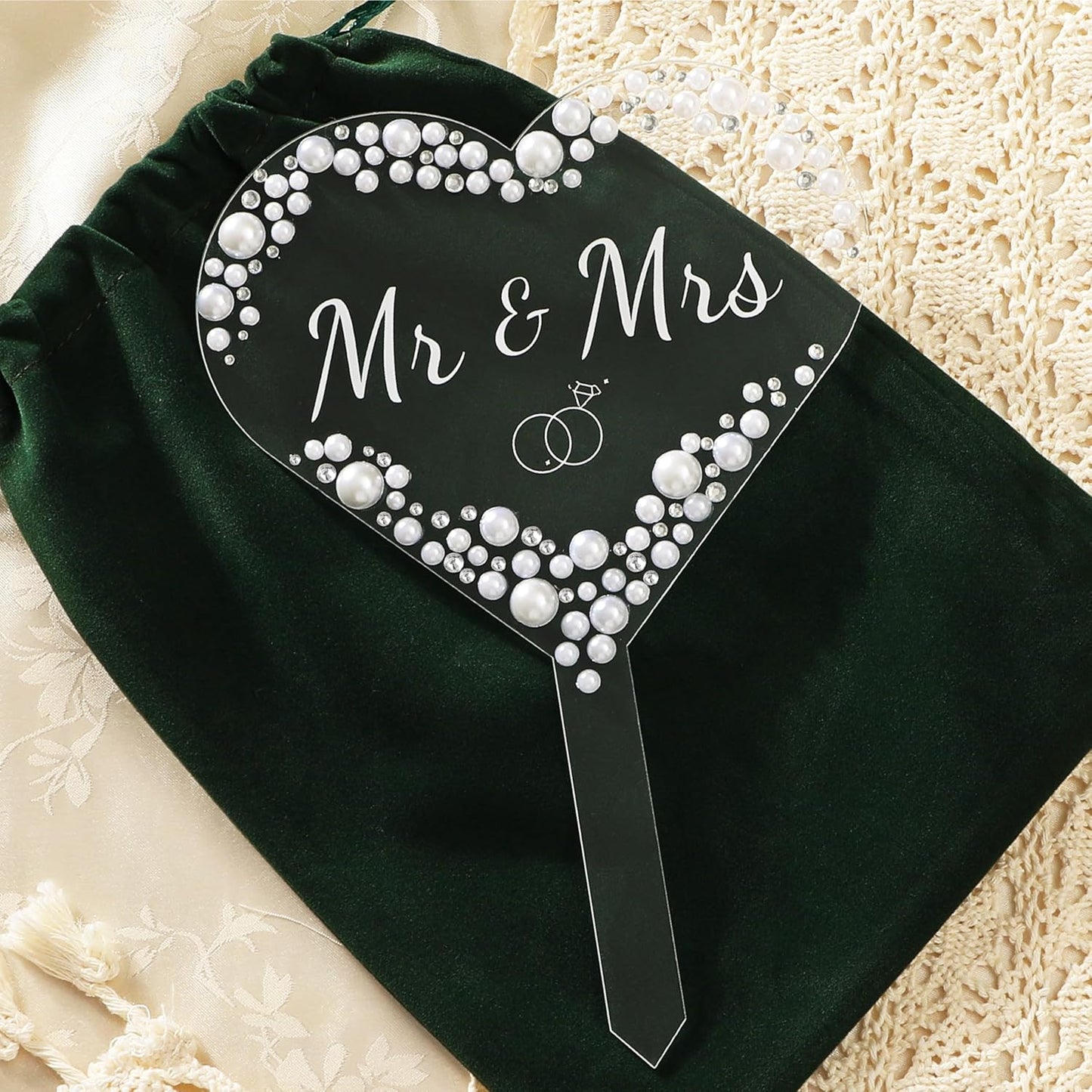 Coucoland Mr and Mrs Cake Topper - Heart Wedding Cake Decor with Rhinestones and Pearls for Engagement Bridal Anniversary