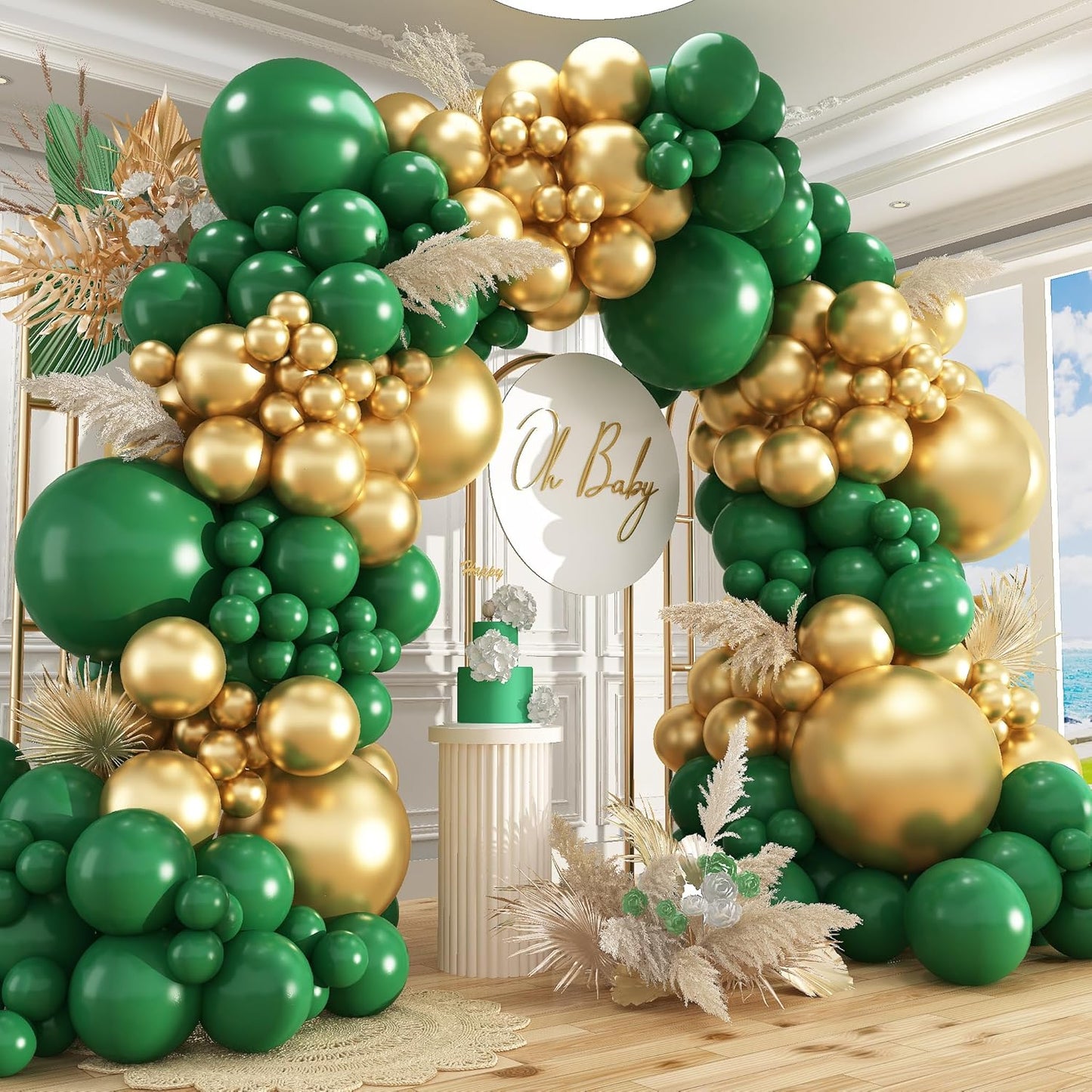 412Pcs Green and Gold Balloon Arch Kit, 18 12 10 5 Inch Different Size Latex Balloons Dark Green and Gold Party Balloons for Birthday Graduation Jungle Party Decorations