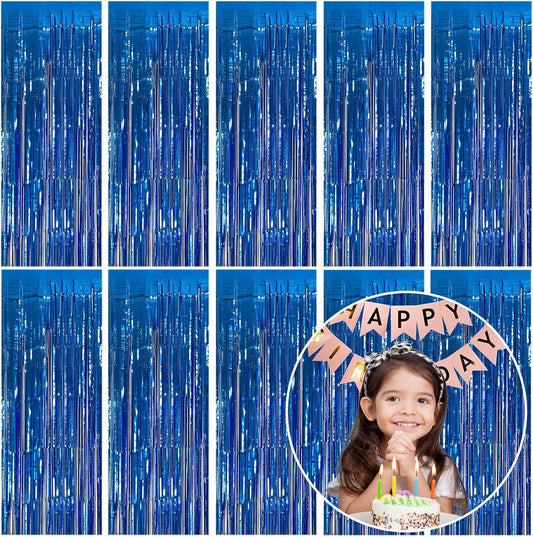 10 Pack Foil Curtain Backdrop Blue Metallic Tinsel Foil Fringe Curtains Photo Booth Props for Birthday Wedding Engagement Baby Shower Bachelorette Christmas Holiday Celebration Party Decorations