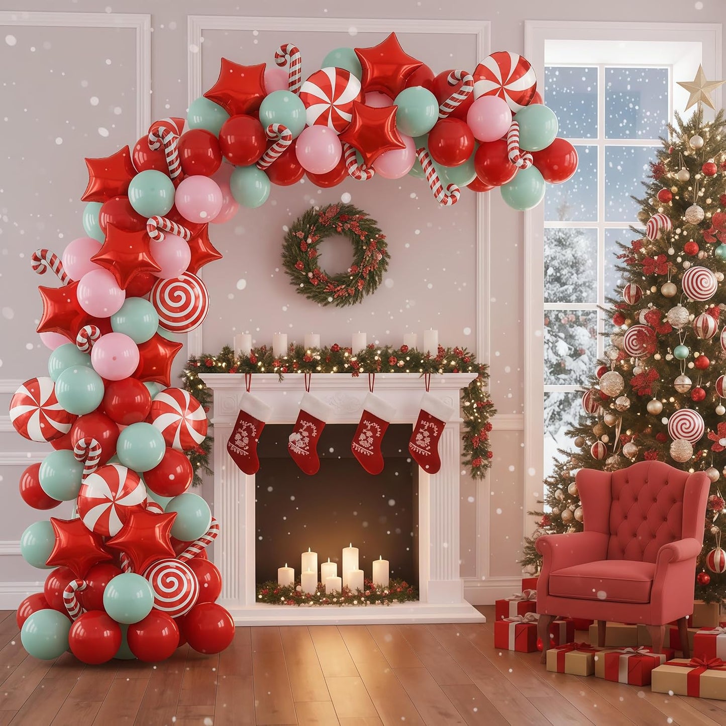 Christmas Balloons Set Pink Green Red Windmill Canes Foil Balloons for Merry Christmas Holiday Woodland Winter New Year Party Decorations