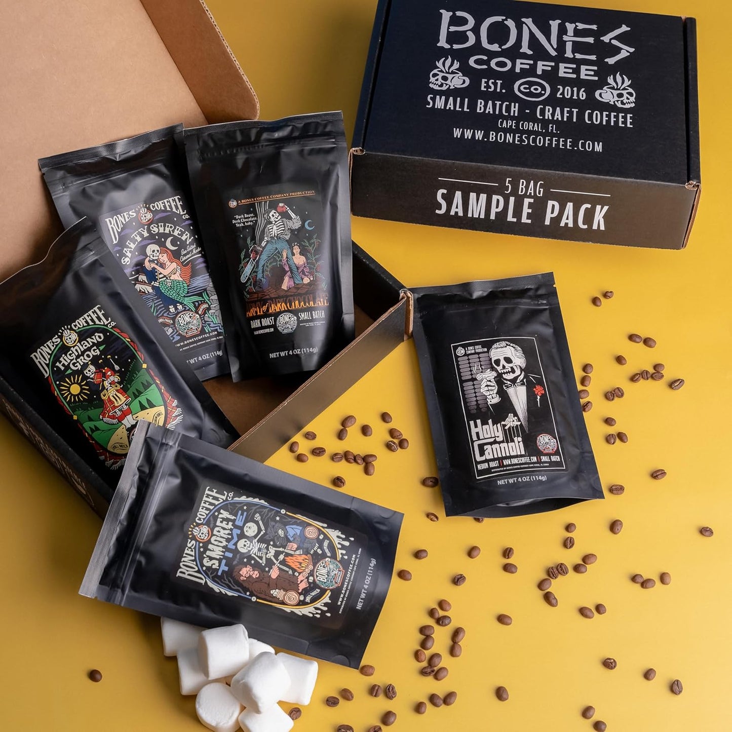 Bones Coffee Company NEW Favorite Flavors Sample Pack, Assorted Flavored Coffee Low Acid Medium Roast Arabica Beans Specialty Coffee Gifts, Auto Drip and French Press Compatible, 4 oz Pack of 5 Ground