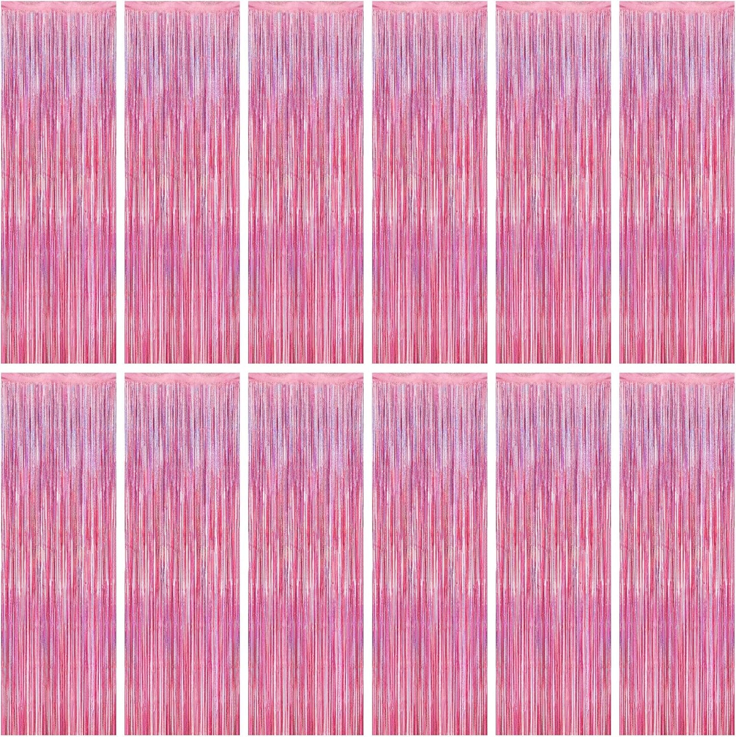 12 Pack Pink Backdrop, 3.28 FT x 7.05 FT Foil Streamers, Metallic Glitter Backdrop Pink Tinsel Fringe Curtains Party Streamers, Pink Birthday Party Decorations Photo Booth Props