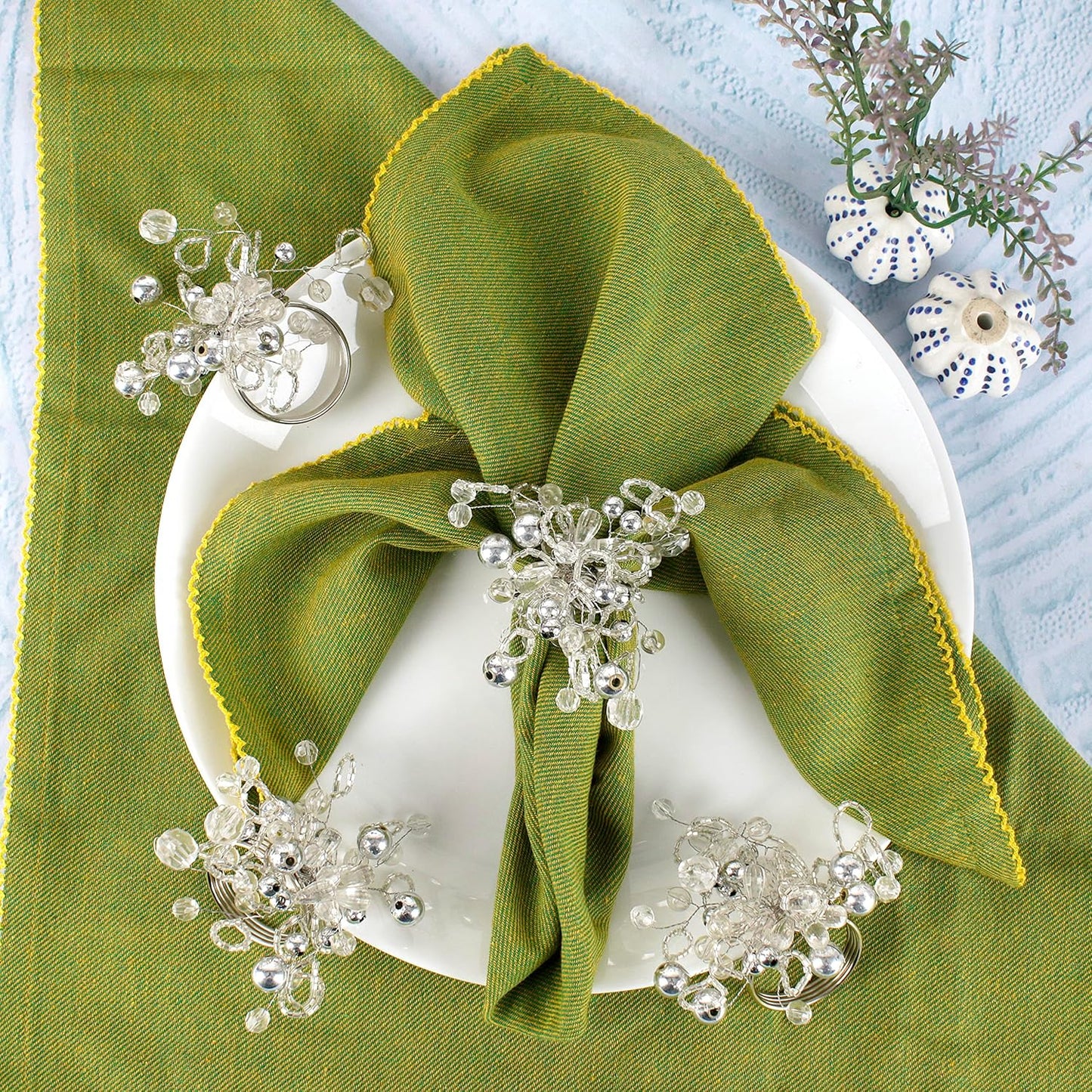 Decorative Napkin Ring Set of 12 - Handmade Glass Beads Napkin Holders for Table Setting Elegant Dining Accessory Round Heavy Duty Metal Frame Wedding & Party Table Décor (Silver) - CLEENTABLE