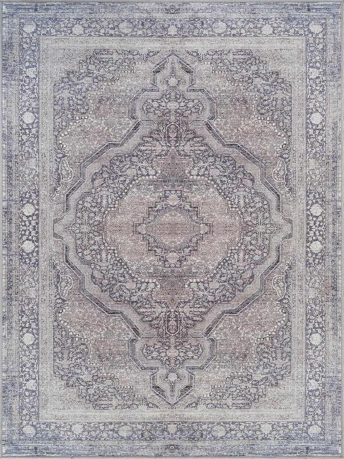 Bloom Rugs Washable Non-Slip 8' x 10' Rug - Blue/Steel Gray/Beige Traditional Medallion Area Rug for Living Room, Bedroom, Dining Room, and Kitchen - Exact Size: 8' x 10'