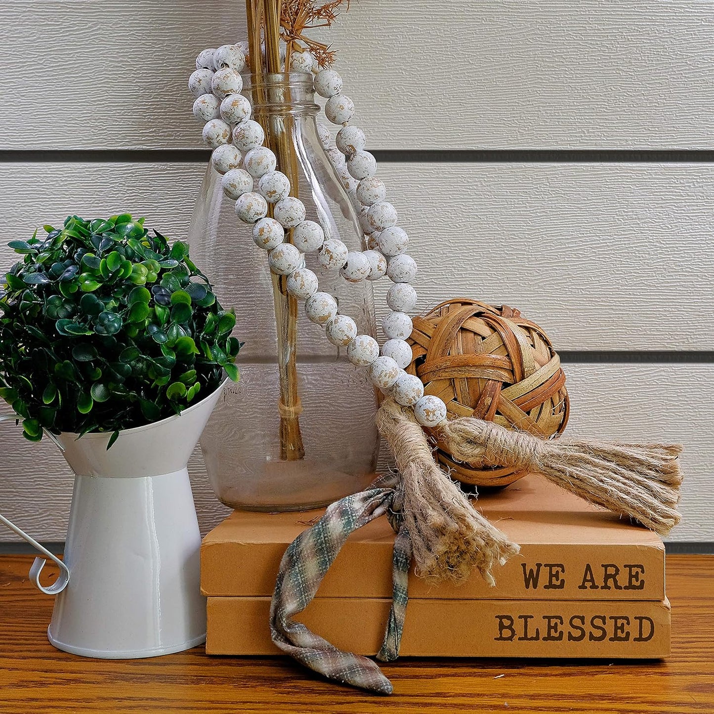 Farmhouse Wood Bead Garland Set of 2 with Tassels - Decorative Home Boho Beads