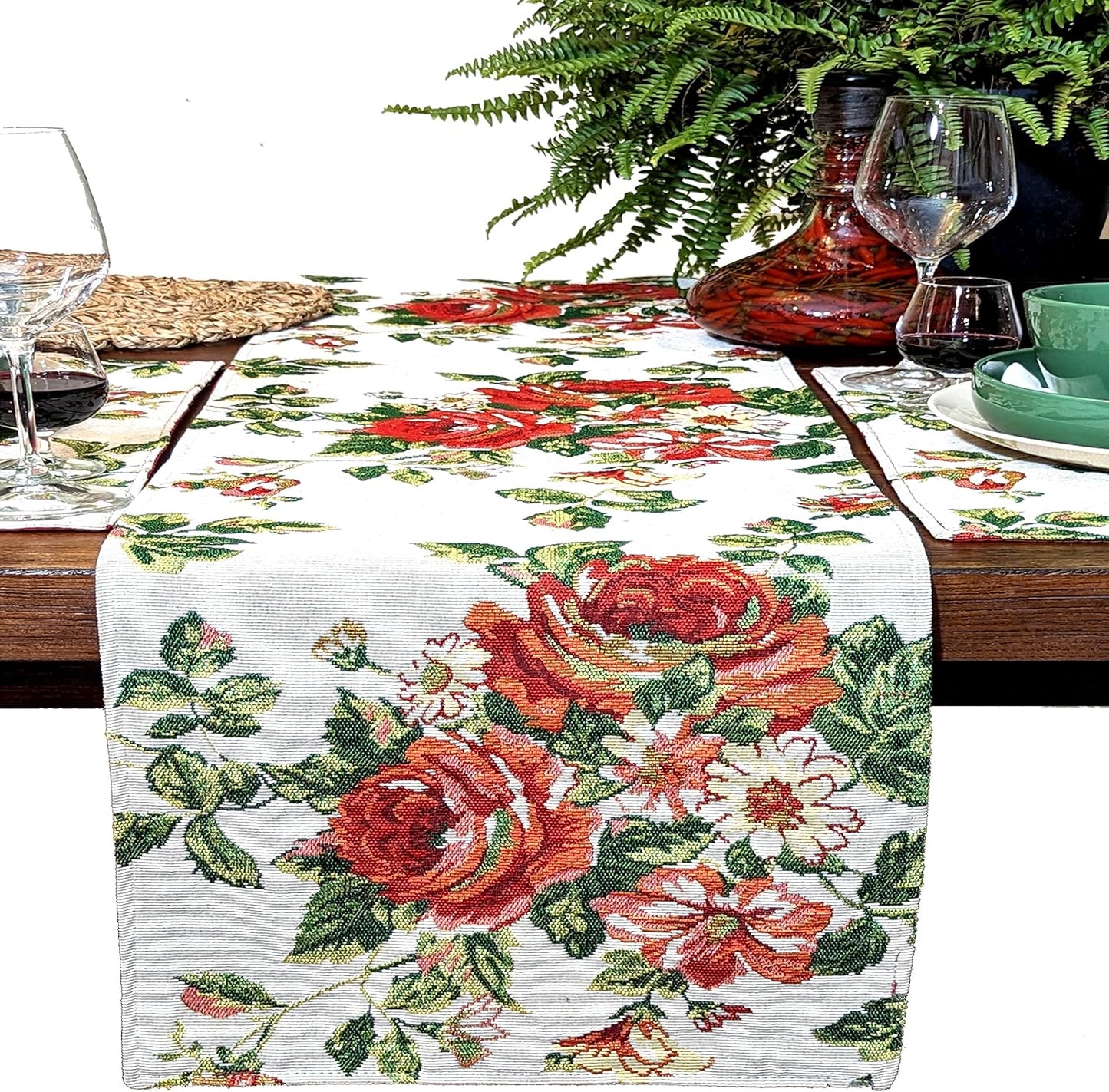 Tache Sweet Roses Spring Summer Flower Traditional French Country Vintage White Red Floral Decorative Woven Tapestry Long Kitchen Dining Table Runners, 13 x 90
