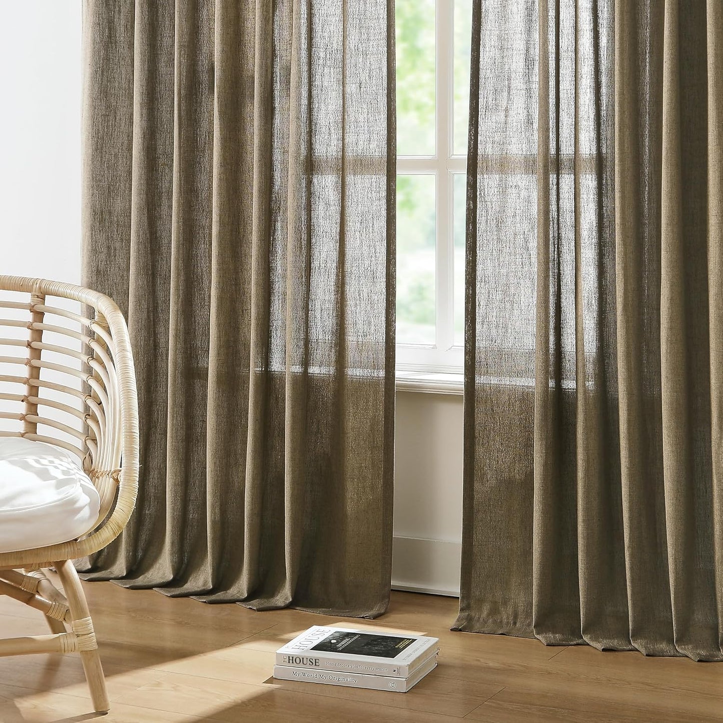 Vision Home Brown Pinch Pleated Semi Sheer Curtains Textured Linen Blended Light Filtering Window Curtains 120 inch for Living Room Bedroom Pinch Pleat Drapes with Hooks 10ft 2 Panels 40" Wx120 L