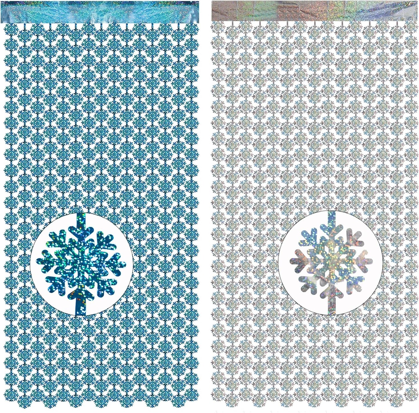 GREATRIL Silver Blue Snowflake Fringe Curtain Winter Onederland Streamers Backdrop with Sparkling Snowflake for Christmas Birthdays Party Decoration -3.2ft x 6.5ft - 2 Pack