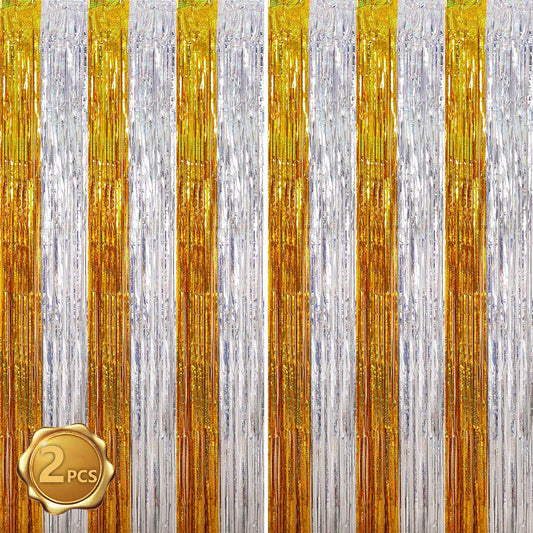BEISHIDA Gold Silver Door Streamers Backdrop Foil Fringe Tinsel Party Streamers Curtains Photo Backdrop - 2Pcs for Birthday Graduation Bachelorette Party Decoations