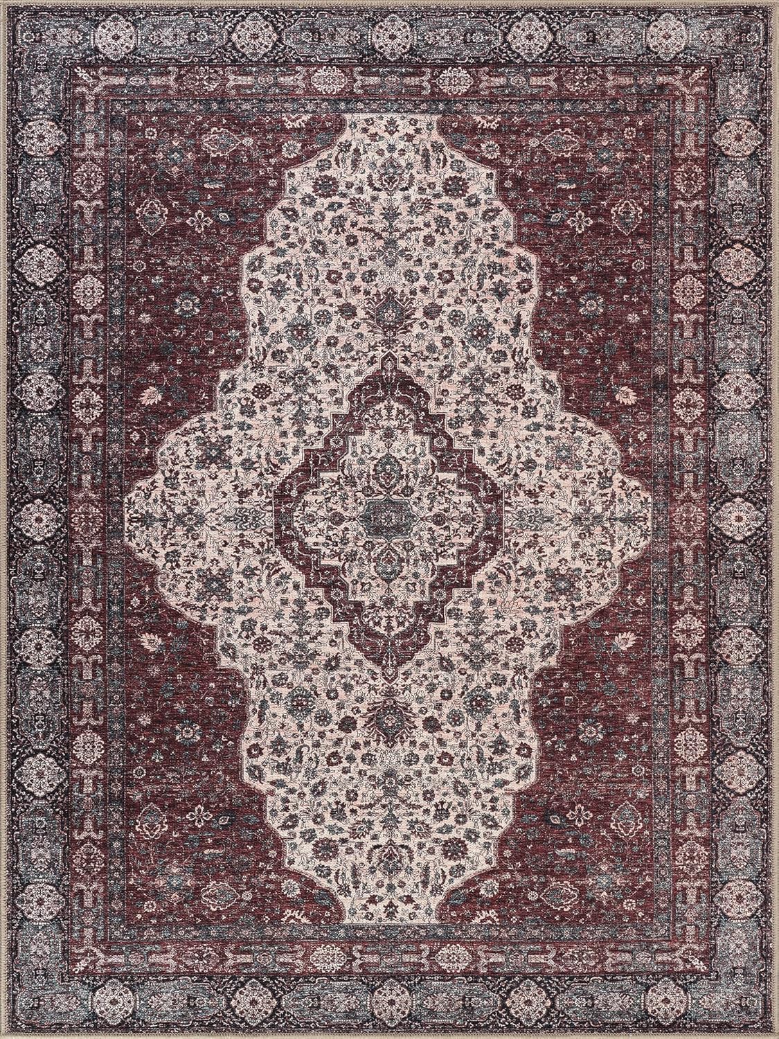 Bloom Rugs Washable Non-Slip 6' x 9' Rug - Red/Green/Cream Traditional Medallion Area Rug for Living Room, Bedroom, Dining Room, and Kitchen - Exact Size: 6' x 9'