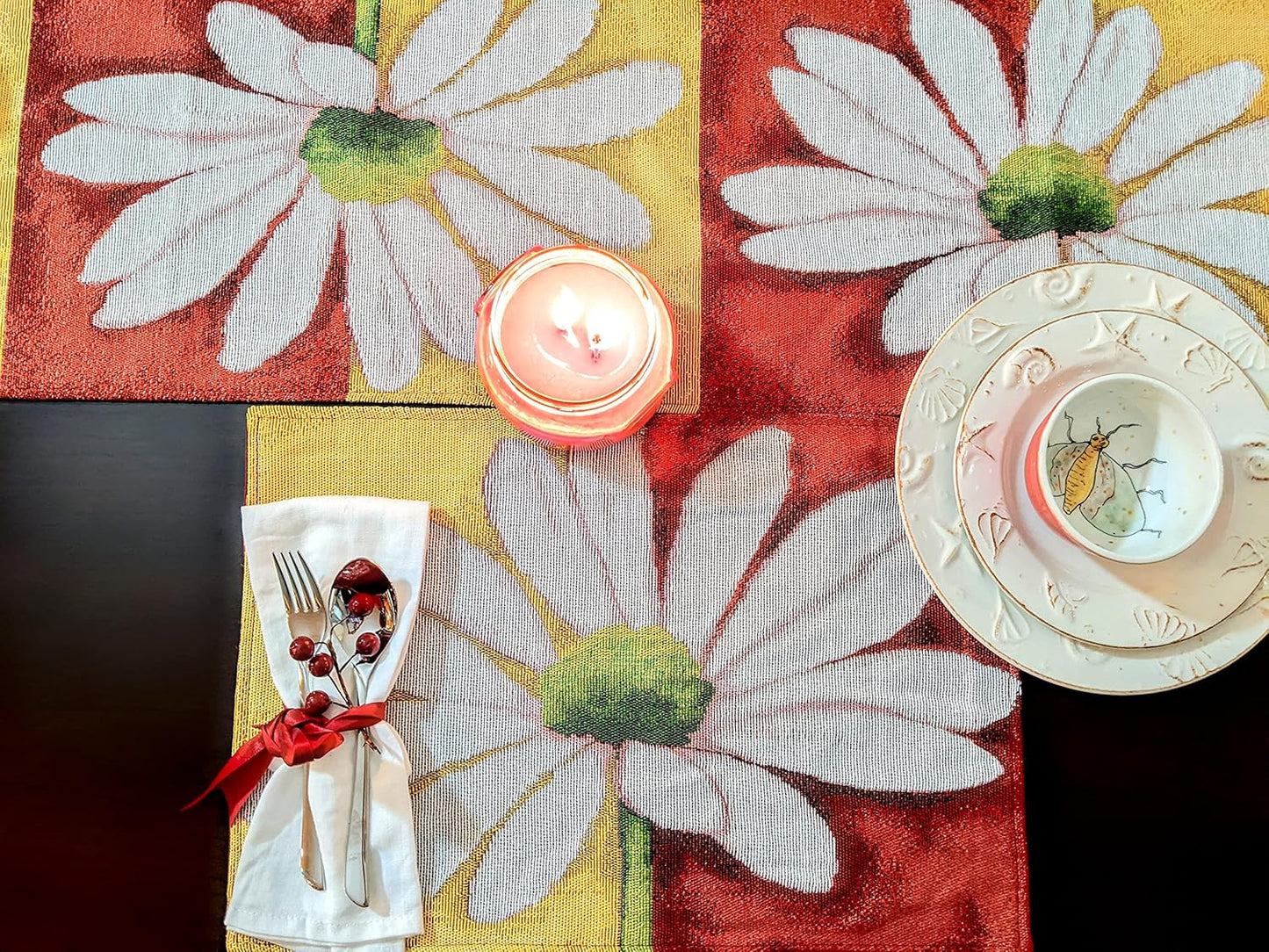 Tache Home Fashion DB9046TR-13X48 Colorful Red & Yellow Daisy Flower Loves Me Not Tapestry Table Runner 48 Inch