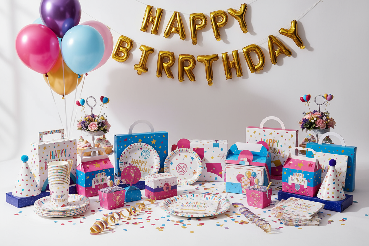 Birthday decorations, themed party kits, balloons, banners, and fun tableware. (make it real photo)